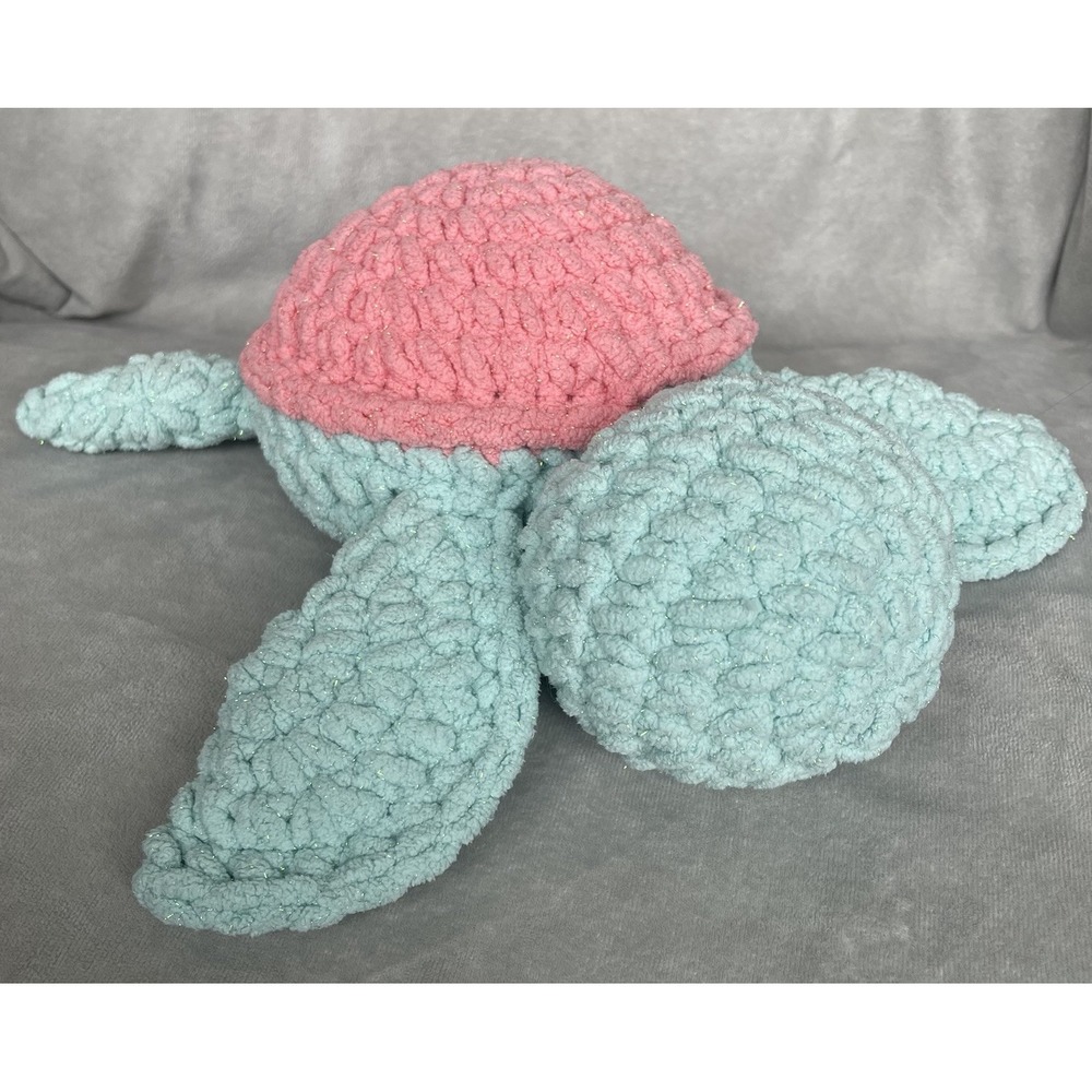 Crochet Turtle‎ Pink Green Sparkles 12" x 13" Handmade Strawberry Pink Lemonade